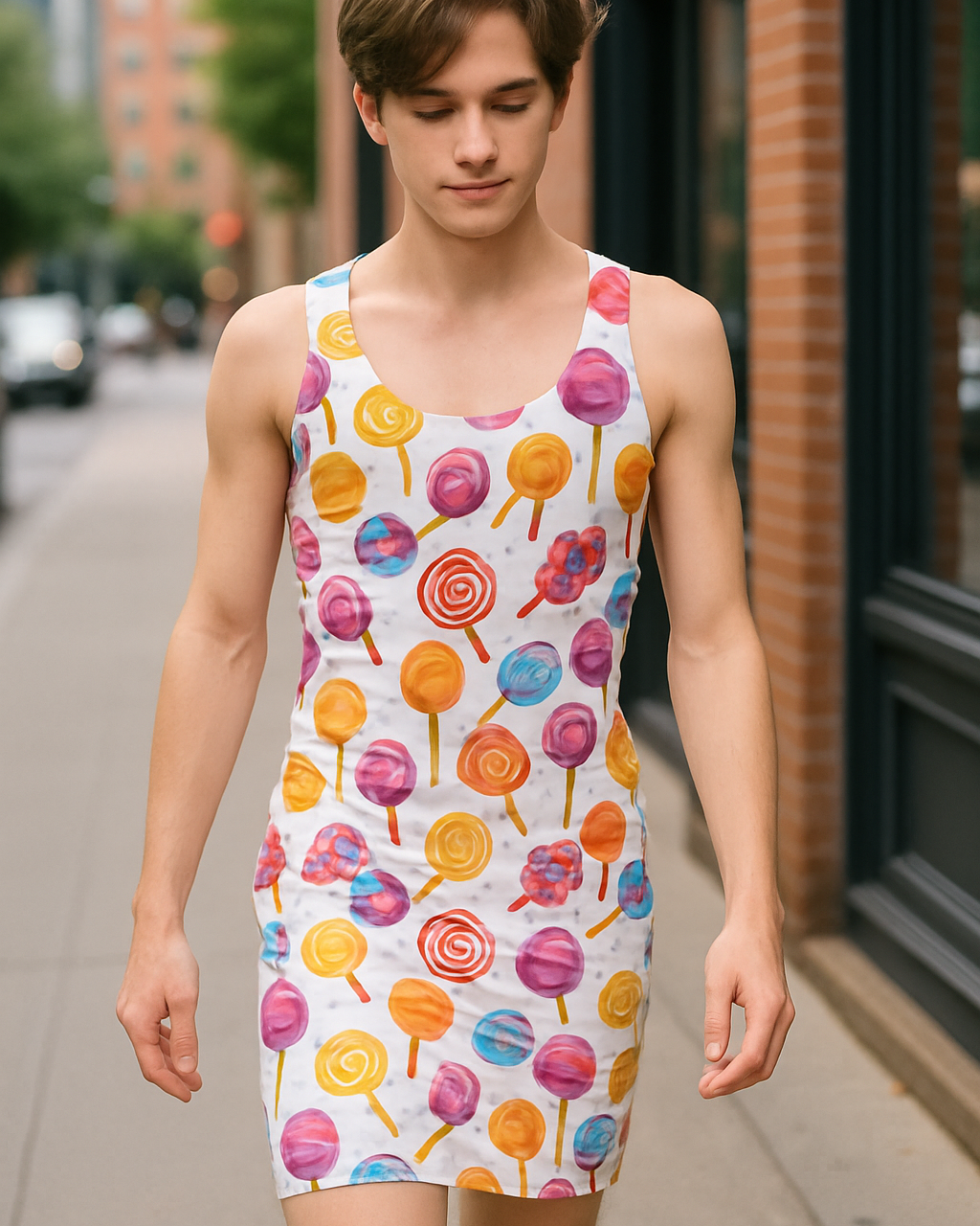 Person wearing a colorful candy-themed dress on a city street.