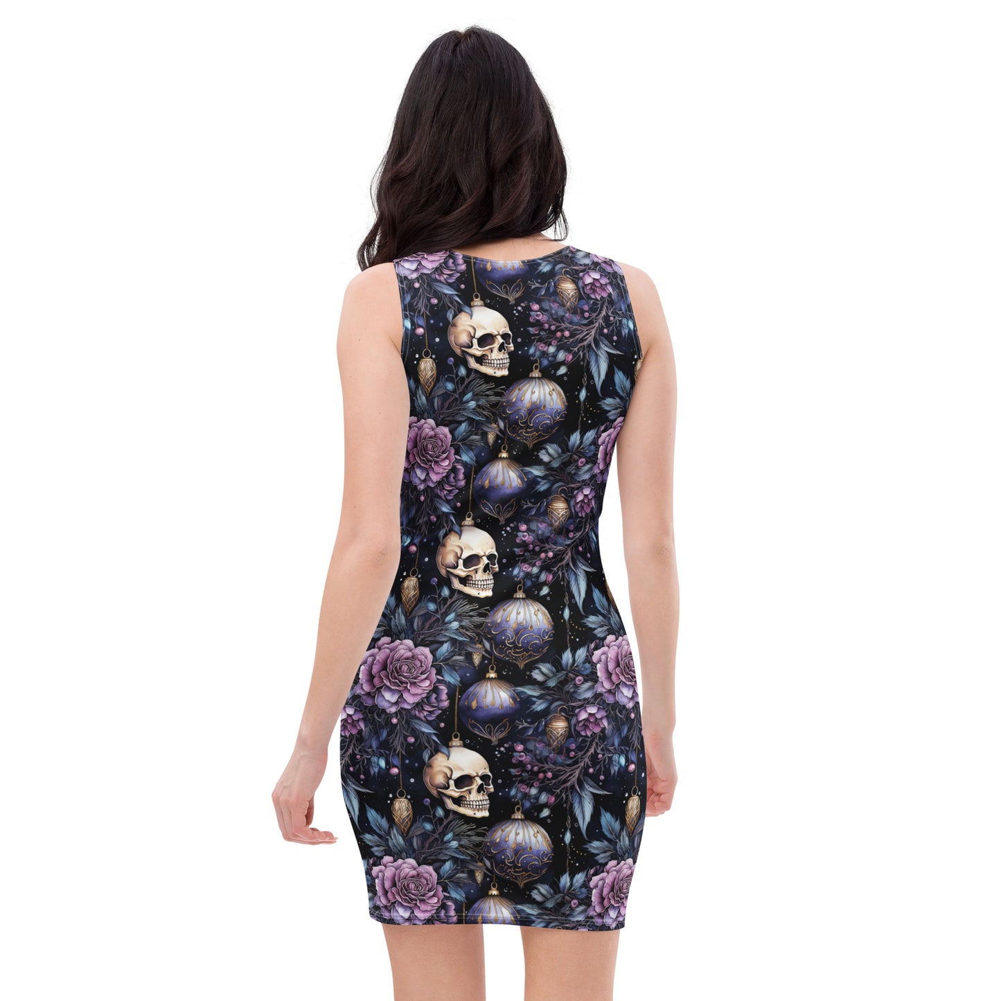 Street-style outfit with gothic bodycon dress in festive setting
