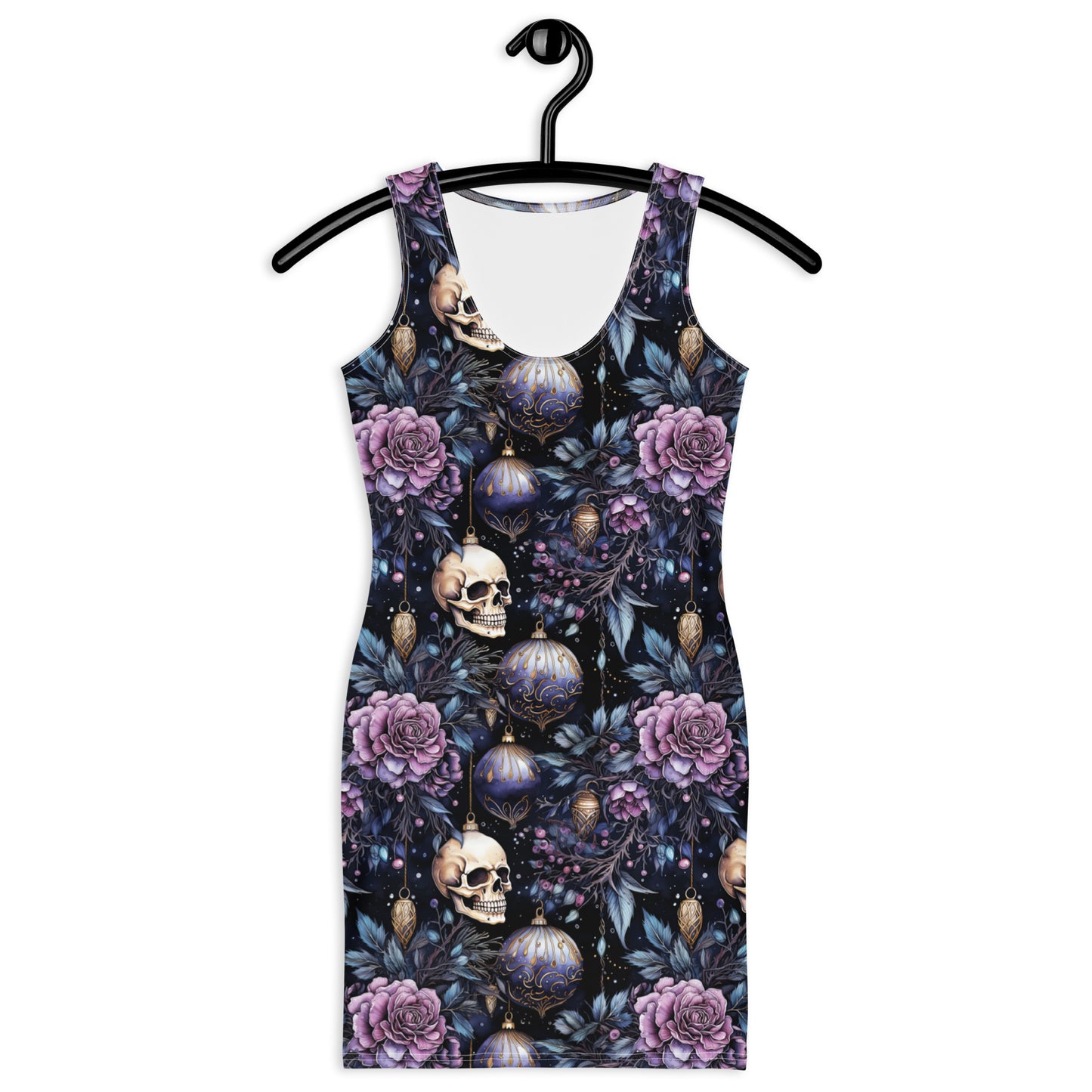 Gothic unisex bodycon dress with Christmas ornaments and skulls design