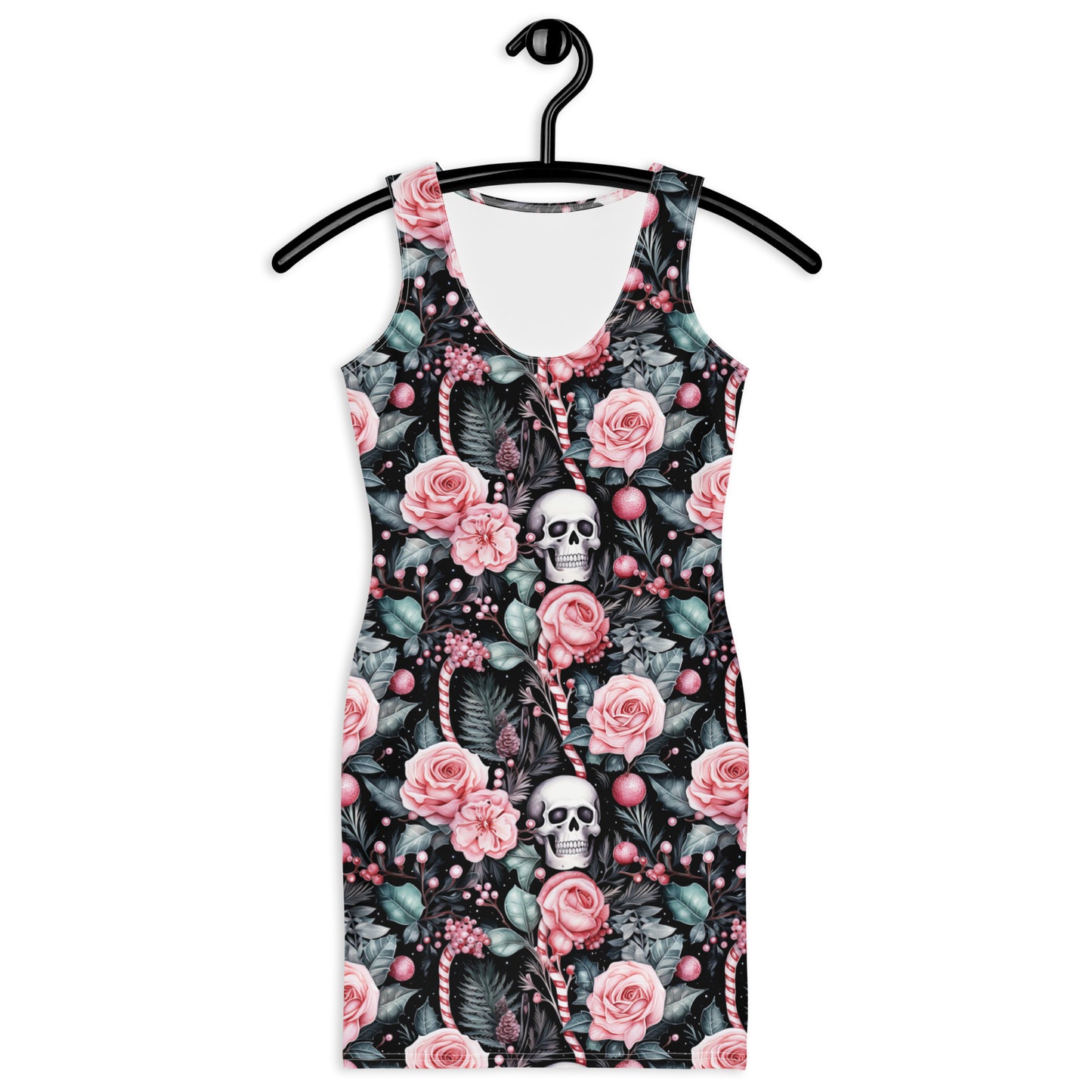 Gothic Christmas bodycon dress with skull and floral pattern