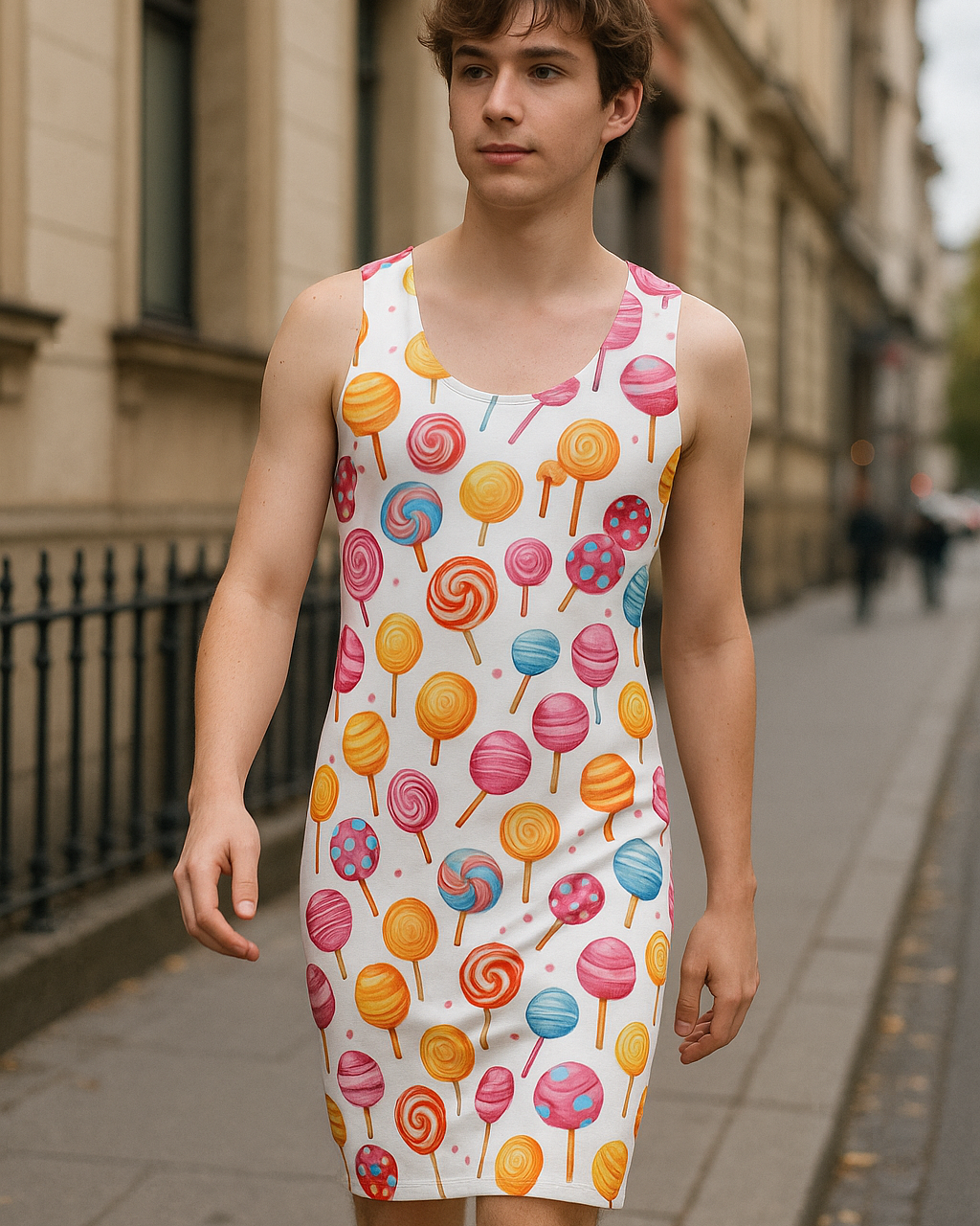 Person wearing a colorful lollipop-patterned dress on a city street.