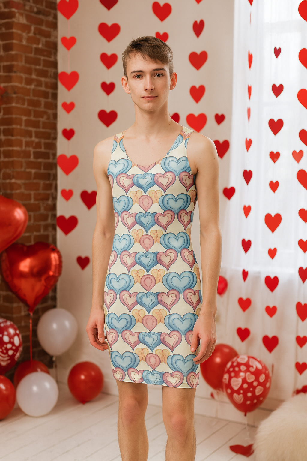 Lifestyle photo: model wearing pastel-heart bodycon dress at date-night setting