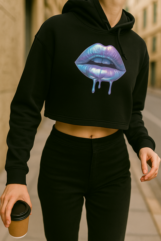 black crop hoodie with holographic lips print front view