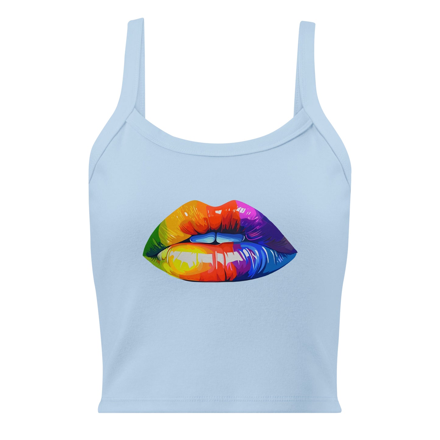 close up of rainbow lips print on crop tank