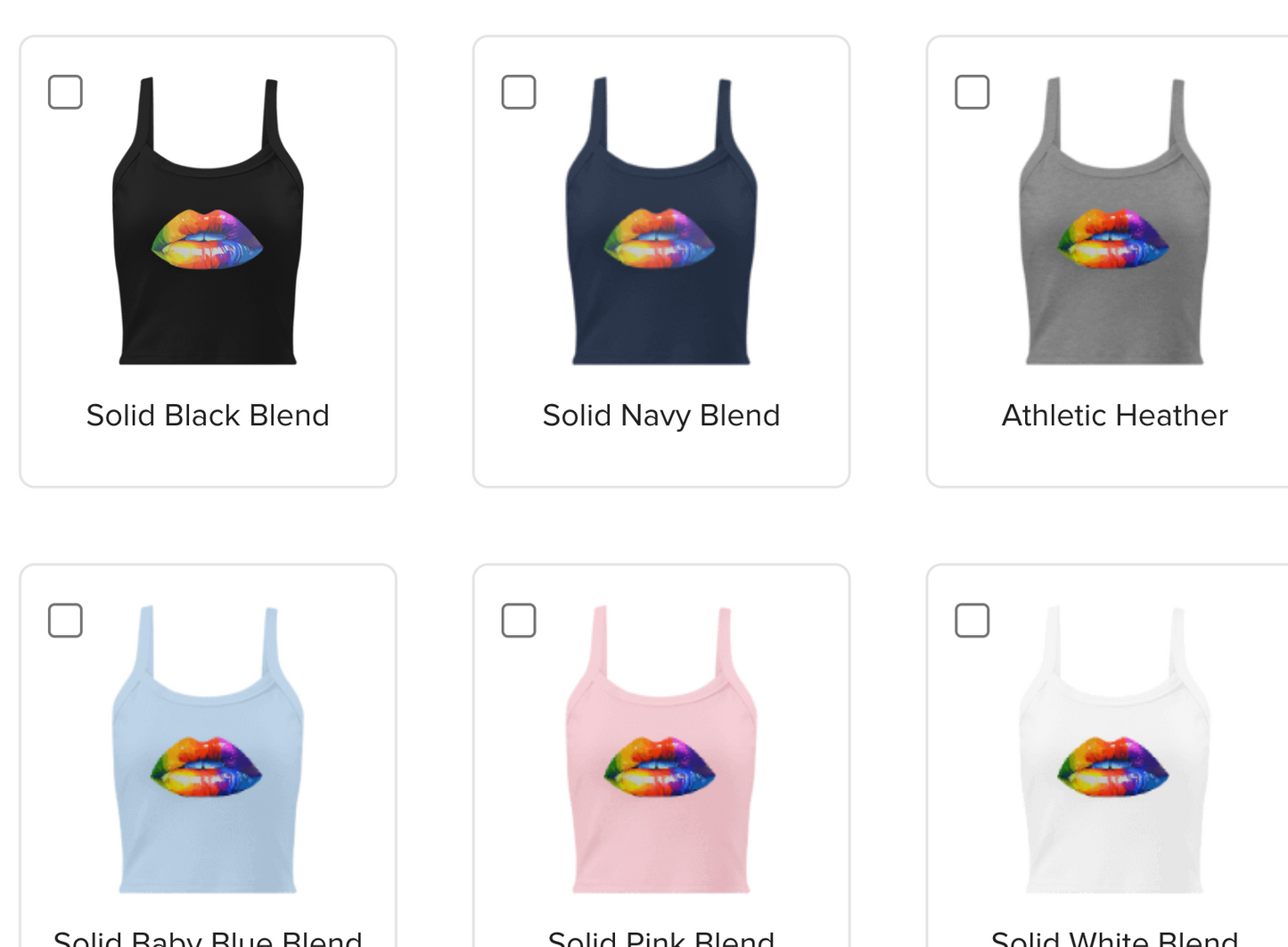 Collection of tank tops with rainbow lip design in various colors on a white background