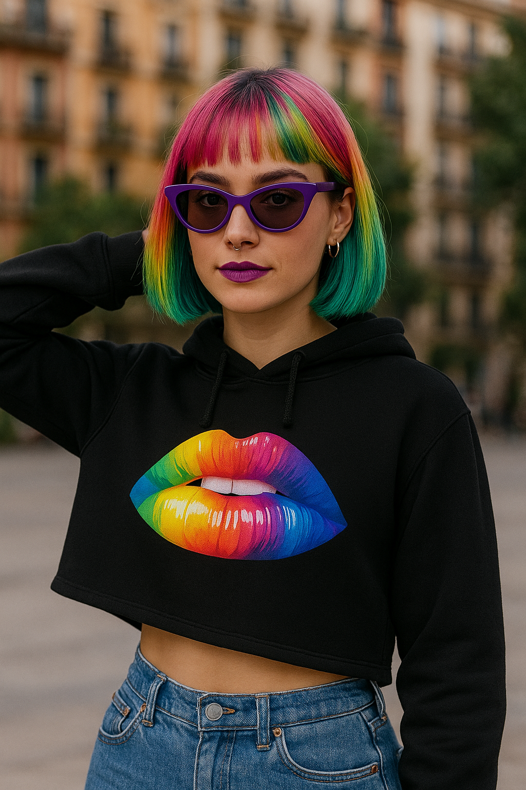 Person wearing a black hoodie with a colorful lip design, standing outdoors.