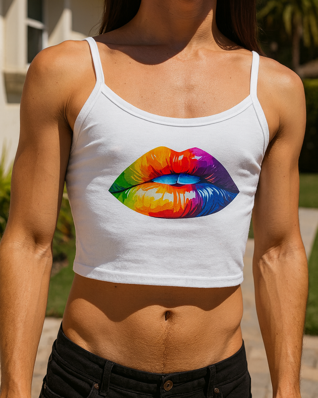 Person wearing a white tank top with a colorful lips design outdoors.
