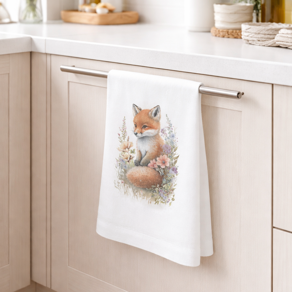 Kitchen towel with a fox design hanging on a kitchen cabinet.