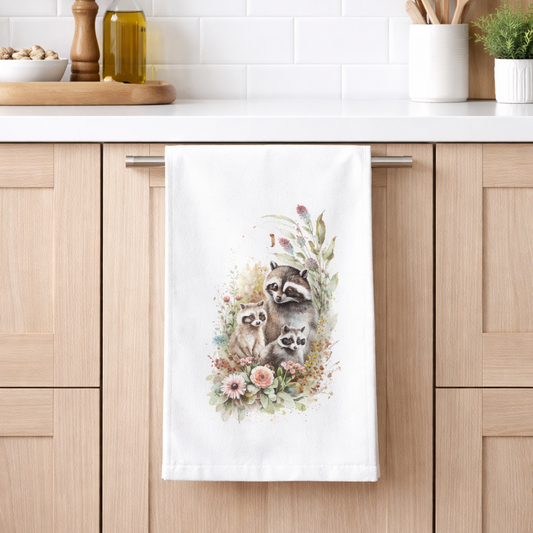 Kitchen towel with raccoon design hanging on a wooden cabinet.