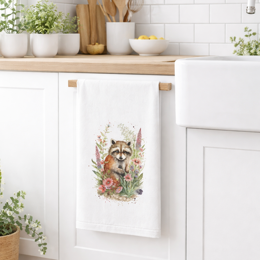 Kitchen with white cabinets, wooden countertop, and a raccoon illustration on a wall.