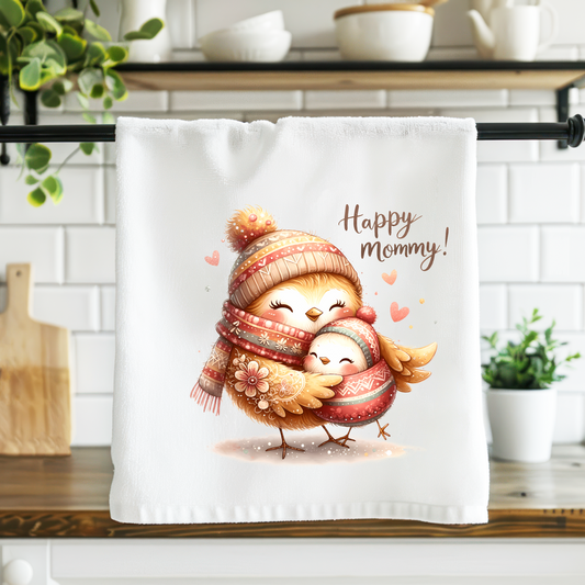 Kitchen towel with cartoon design of two birds hugging and 'Happy Mommy!' text, hanging on a rack.