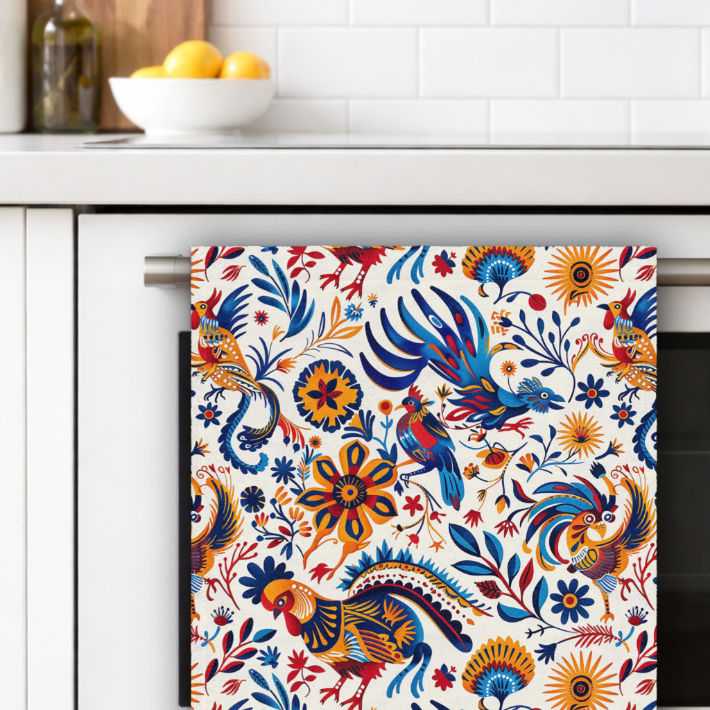 Colorful patterned towel with rooster design hanging on a kitchen cabinet.