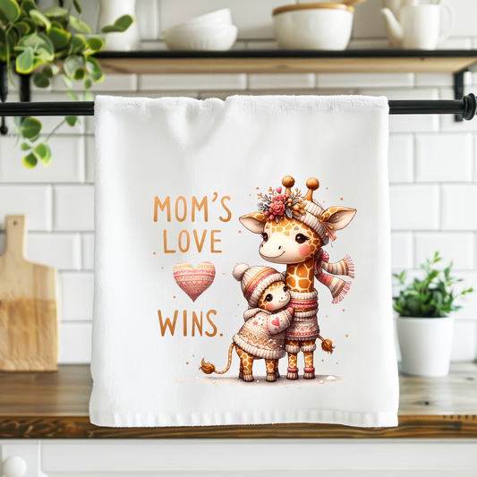 Kitchen towel with cartoon giraffes and text 'Mom's Love Wins' on a kitchen counter.