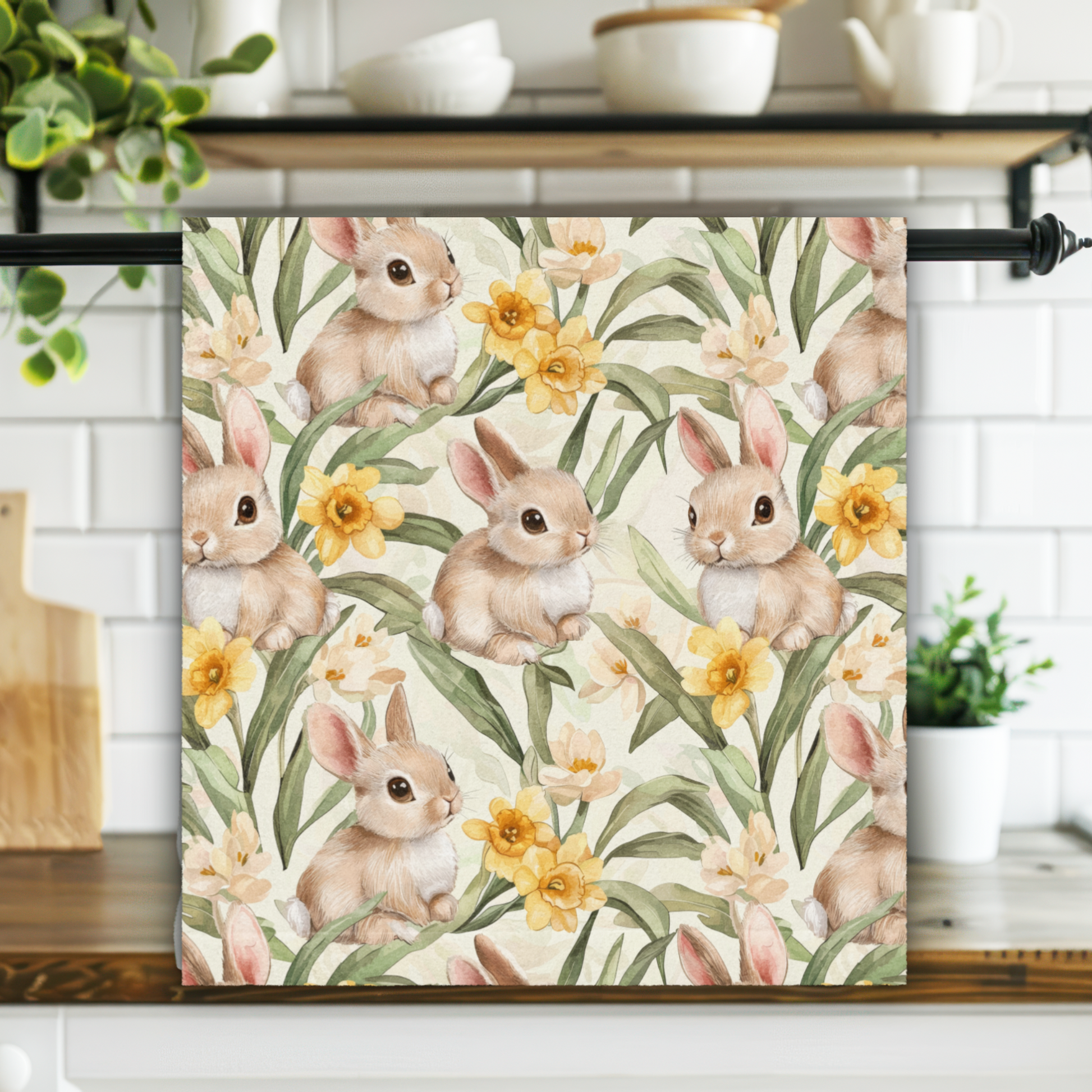 Towel with bunny and flower pattern on a kitchen towel rack