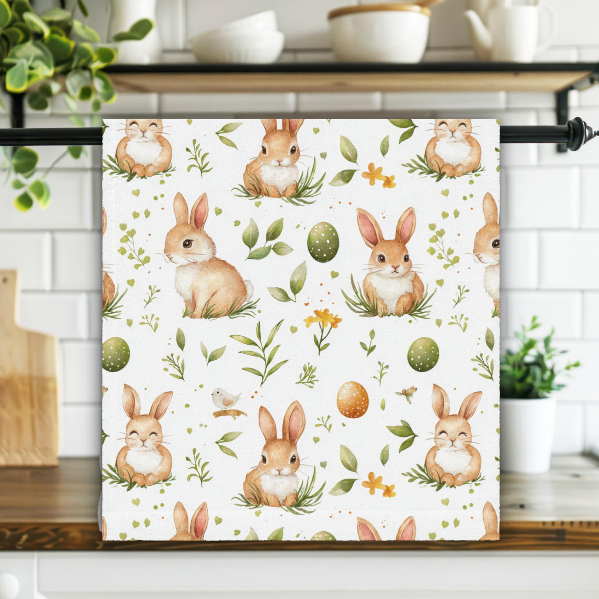 Kitchen towel with bunny and Easter egg pattern on a kitchen counter