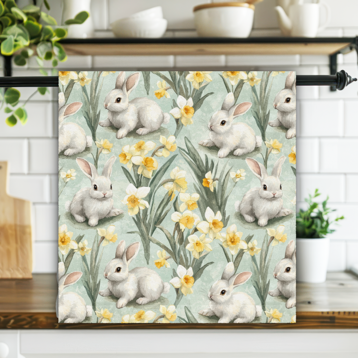 Towel with bunny and flower pattern hanging on a towel rack in a kitchen.