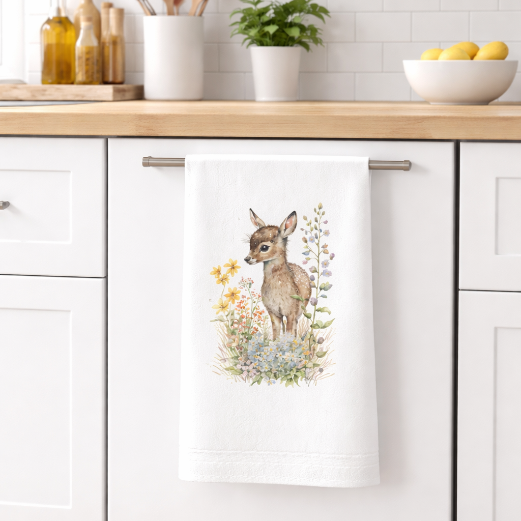 Kitchen towel with a deer design hanging on a cabinet door.