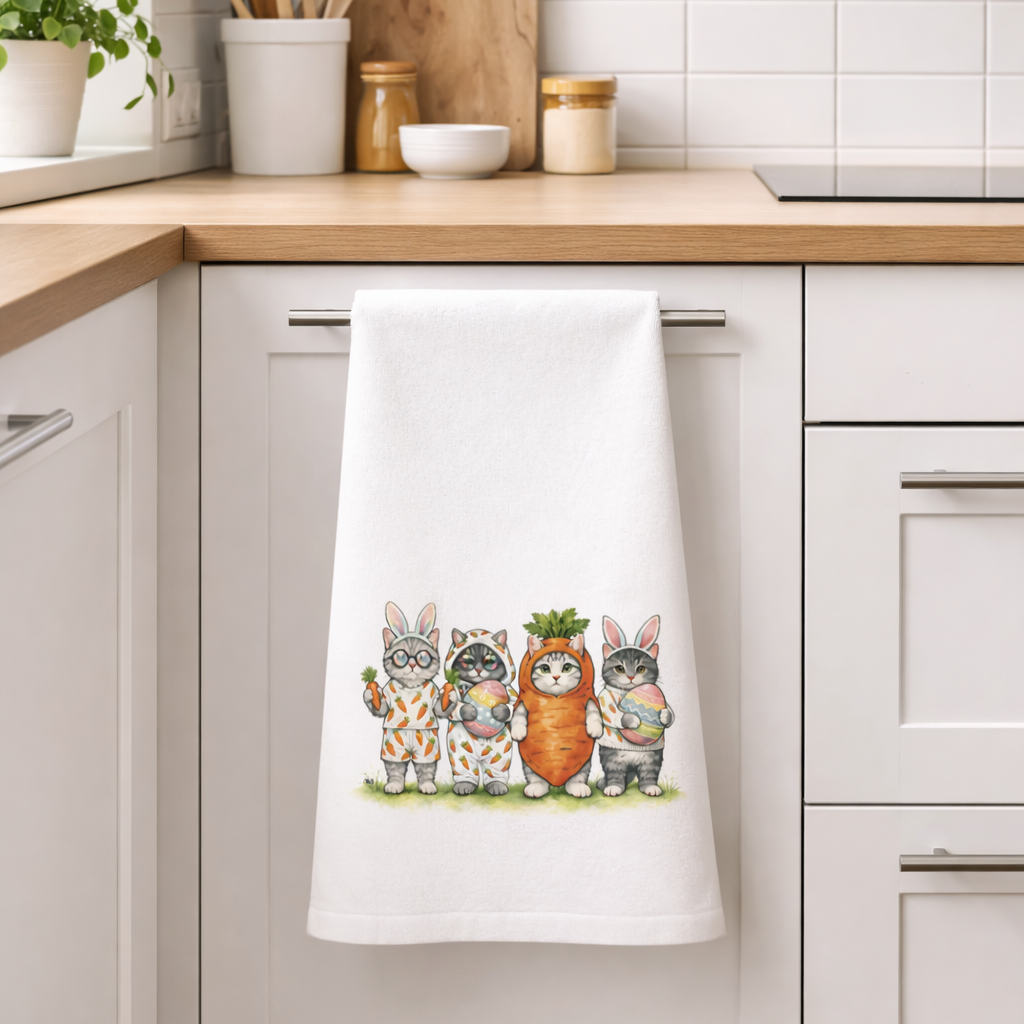 Kitchen towel with cat design hanging on a kitchen cabinet