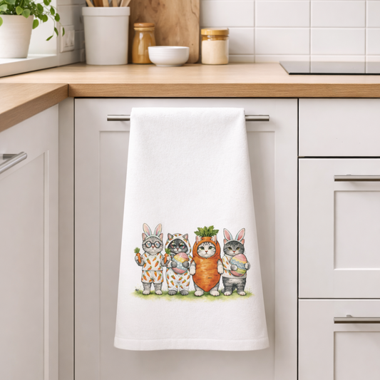 Kitchen towel with cat design hanging on a kitchen cabinet