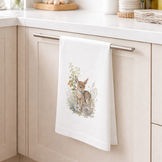 Kitchen with a towel featuring a deer design hanging on a cabinet door.
