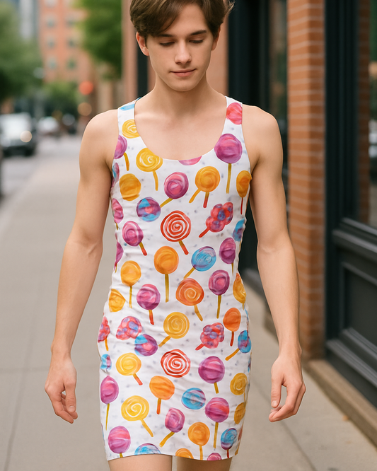 Person wearing a colorful candy-themed dress on a city street.