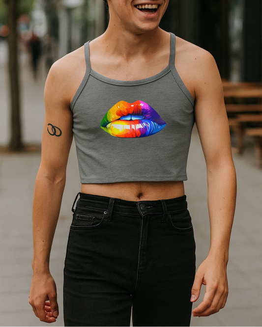 Femboy ladyboy in gray rainbow lips crop tank top
