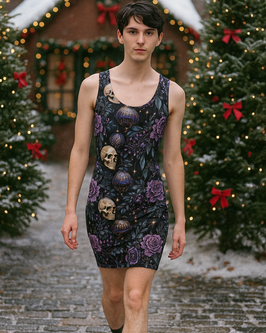 Slim young man wearing gothic Christmas bodycon dress with skull and floral print