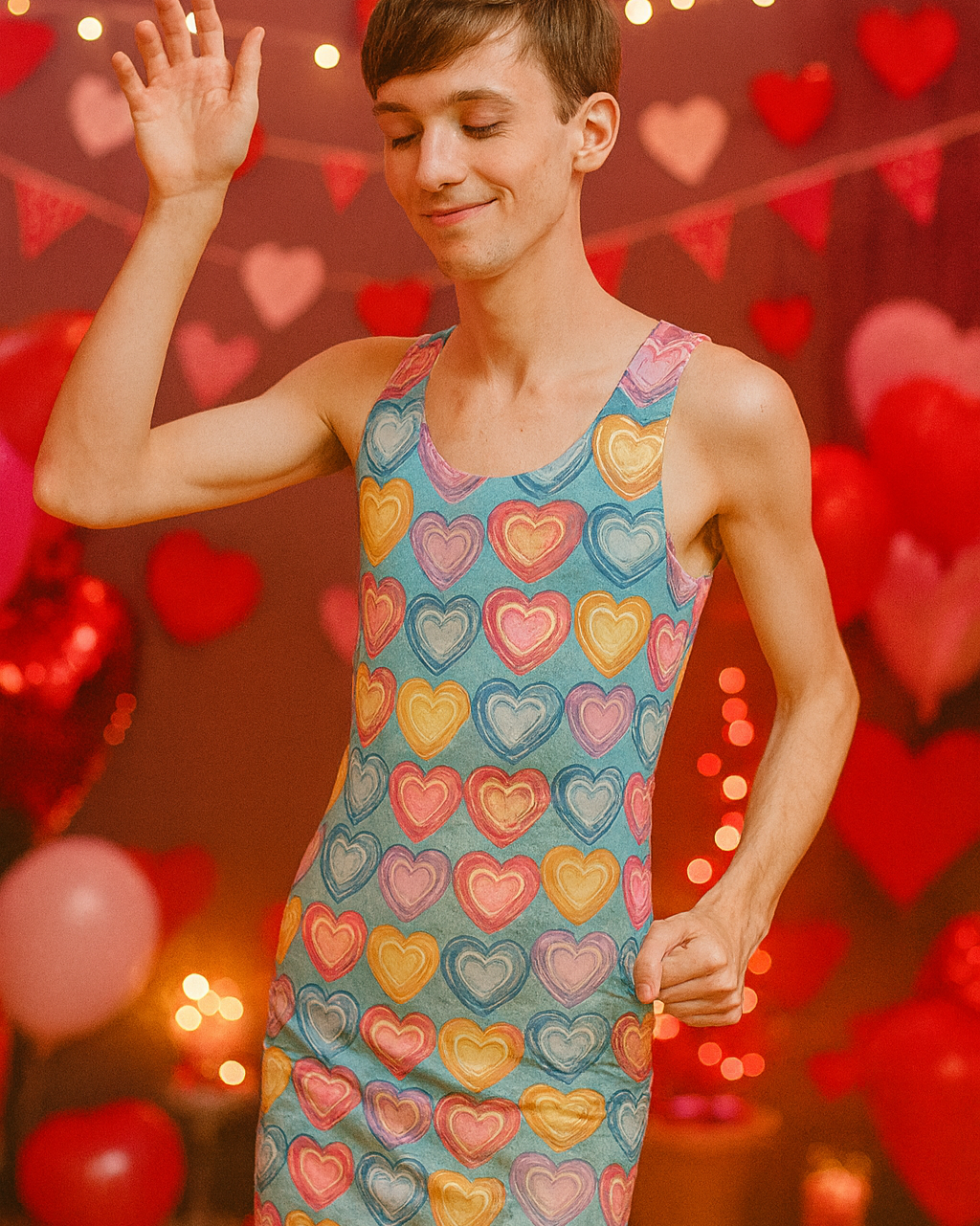 Person wearing a colorful heart-patterned tank top with a festive background of hearts and lights.