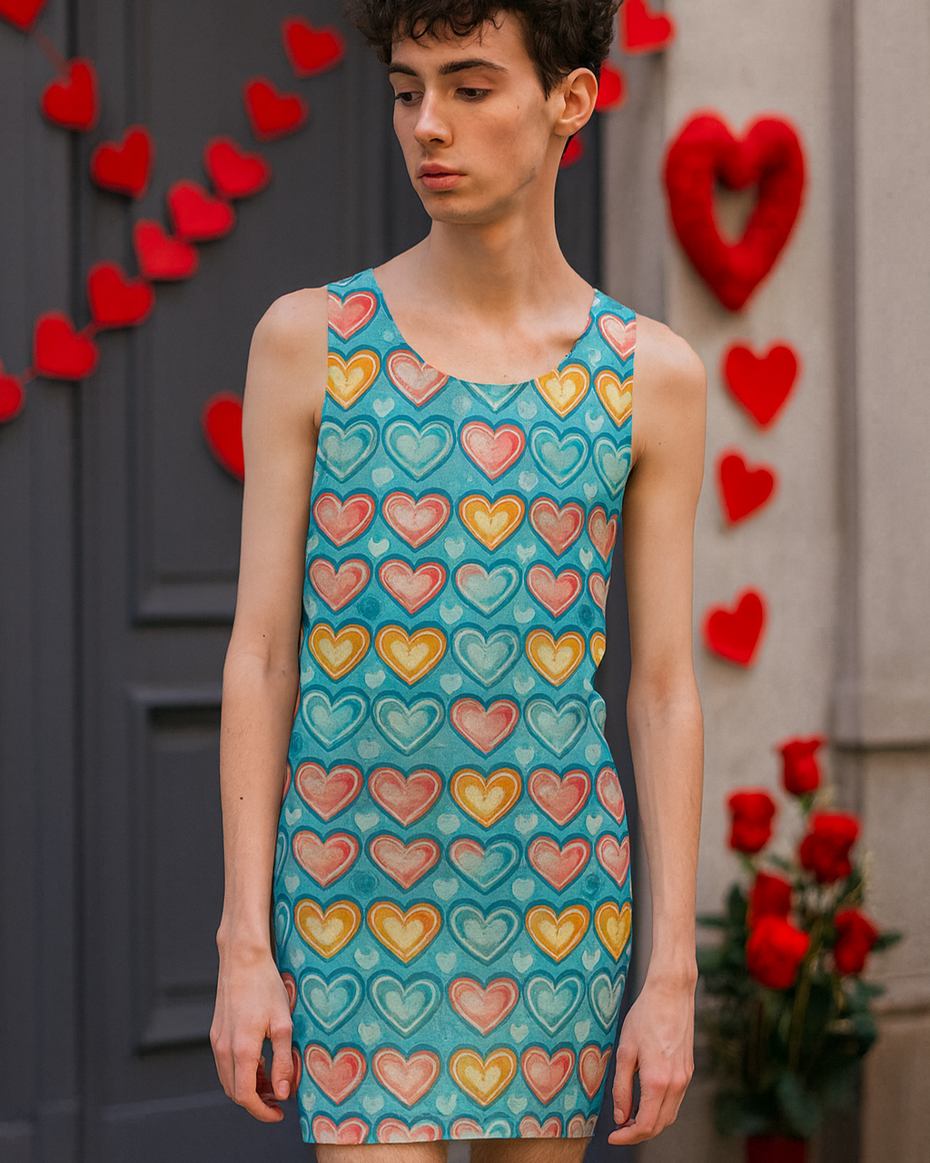 Person wearing a sleeveless dress with colorful heart pattern in front of a decorative heart and rose wall.