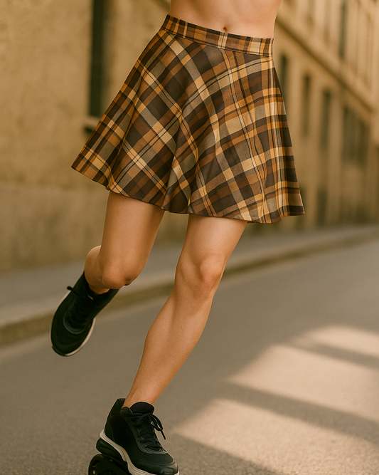 Person wearing a plaid skirt and roller skates on a street.