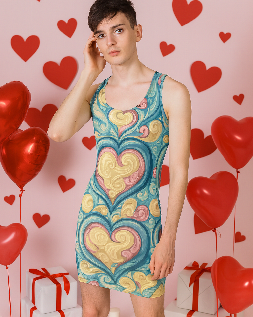 Model wearing pastel-heart print bodycon dress front view