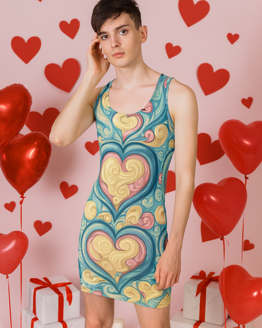 Model wearing pastel-heart print bodycon dress front view
