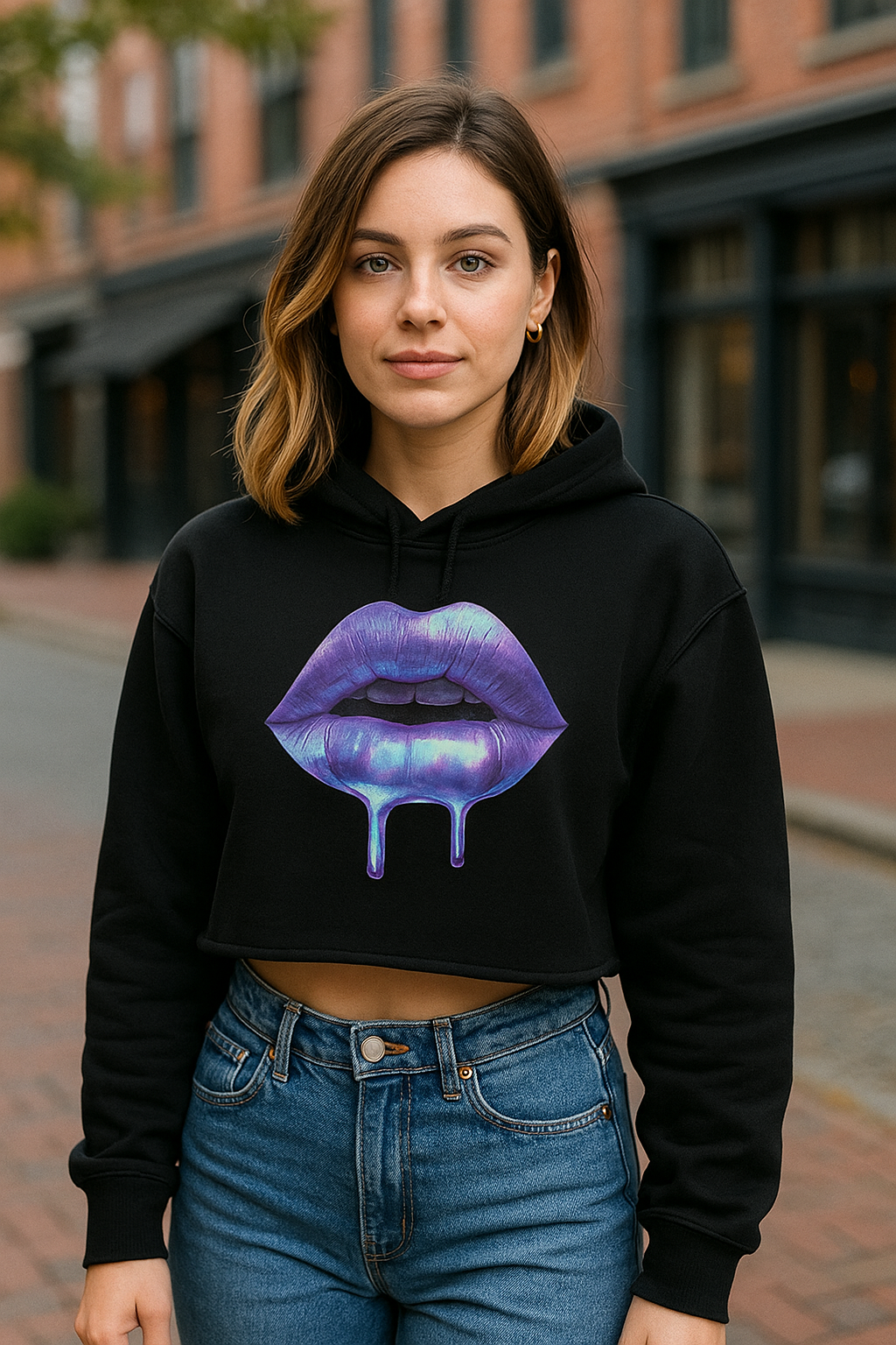 Woman wearing a black hoodie with a colorful lip design outdoors.
