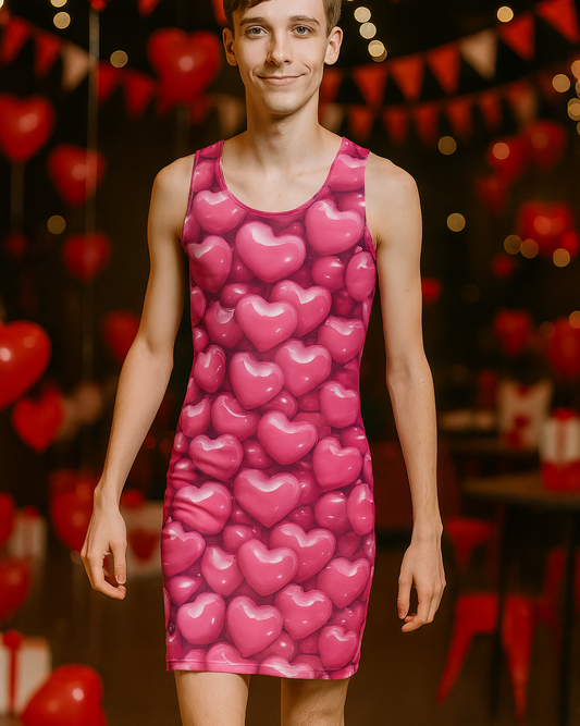 Person wearing a pink tank top with heart patterns against a festive background with red balloons and lights.