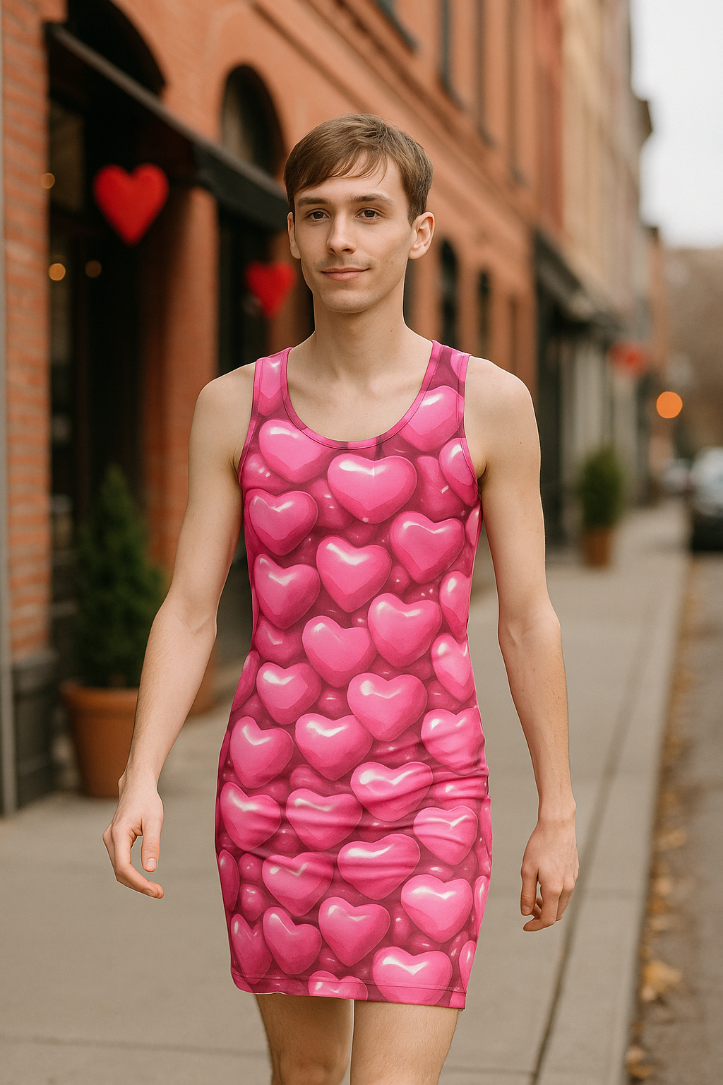 Person wearing a pink heart-patterned dress on a city street.