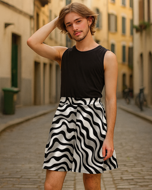 unisex femboy black and white geometric skirt pattern front view