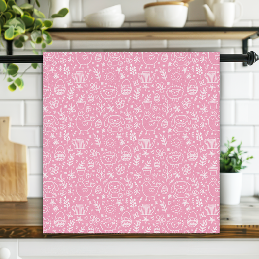 Pink Easter Doodle Kitchen Tea Towel ESHT33