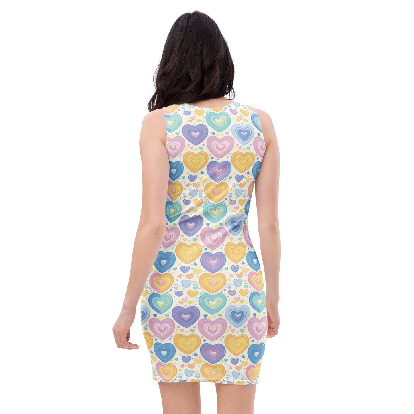 Gender-neutral bodycon dress featuring pastel heart pattern, detail shot