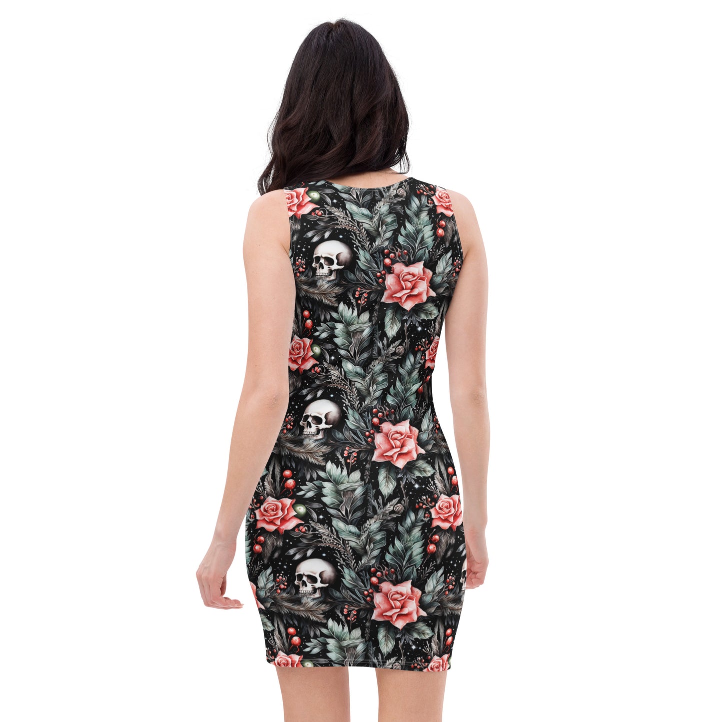 Gothic floral dress with skull accents from the back