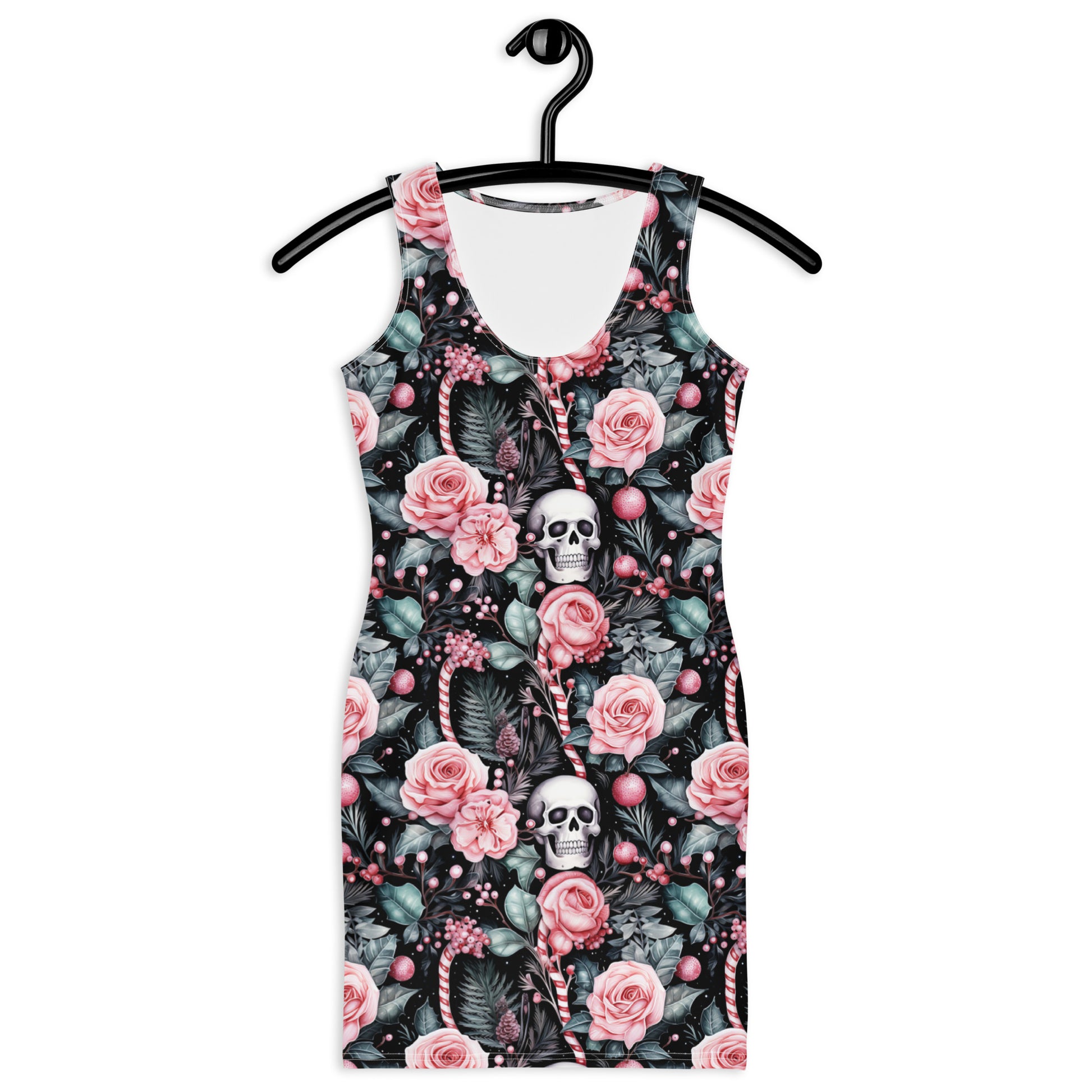 Gothic Christmas bodycon dress with skull and floral pattern
