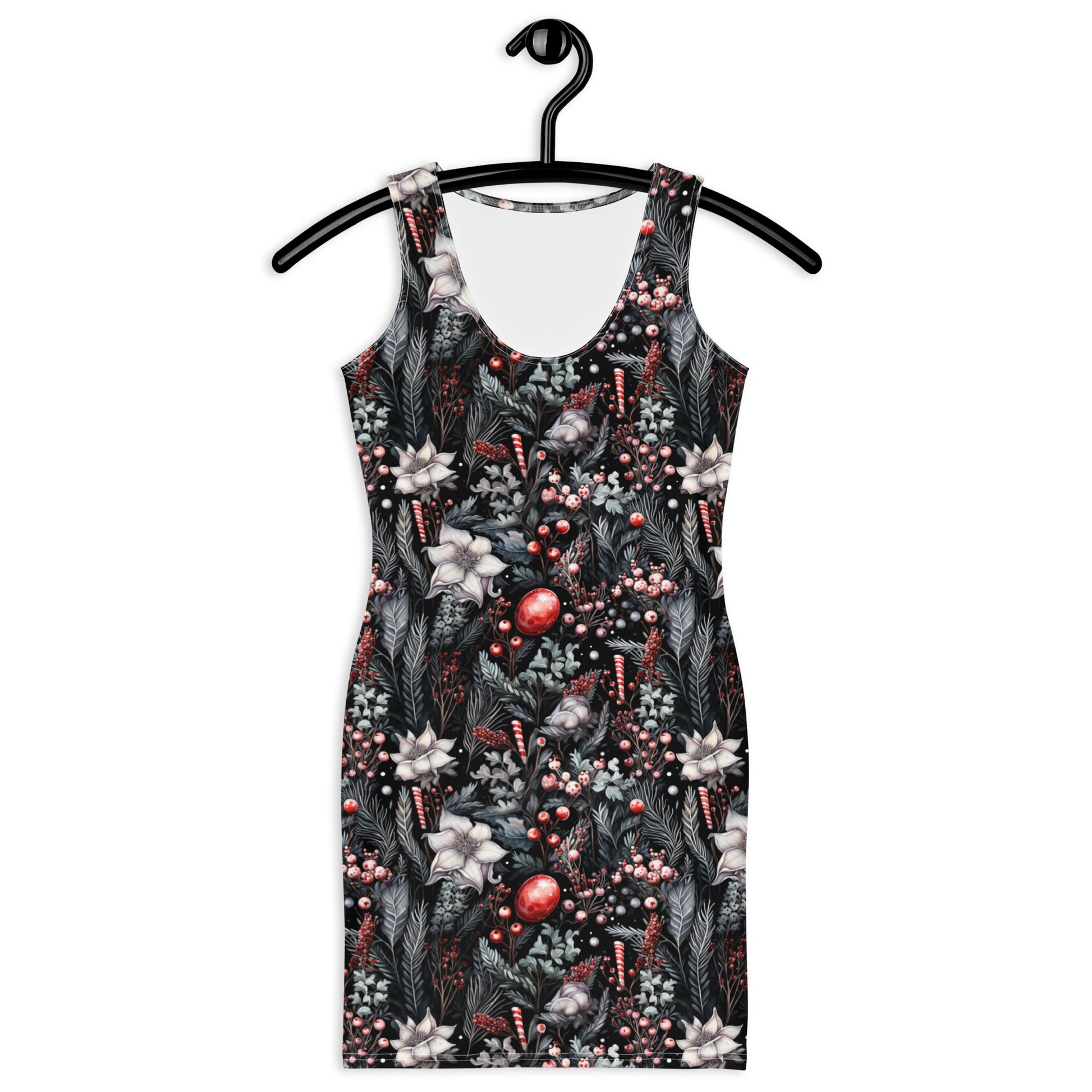 Gothic Christmas femboy bodycon dress with red roses and skull print