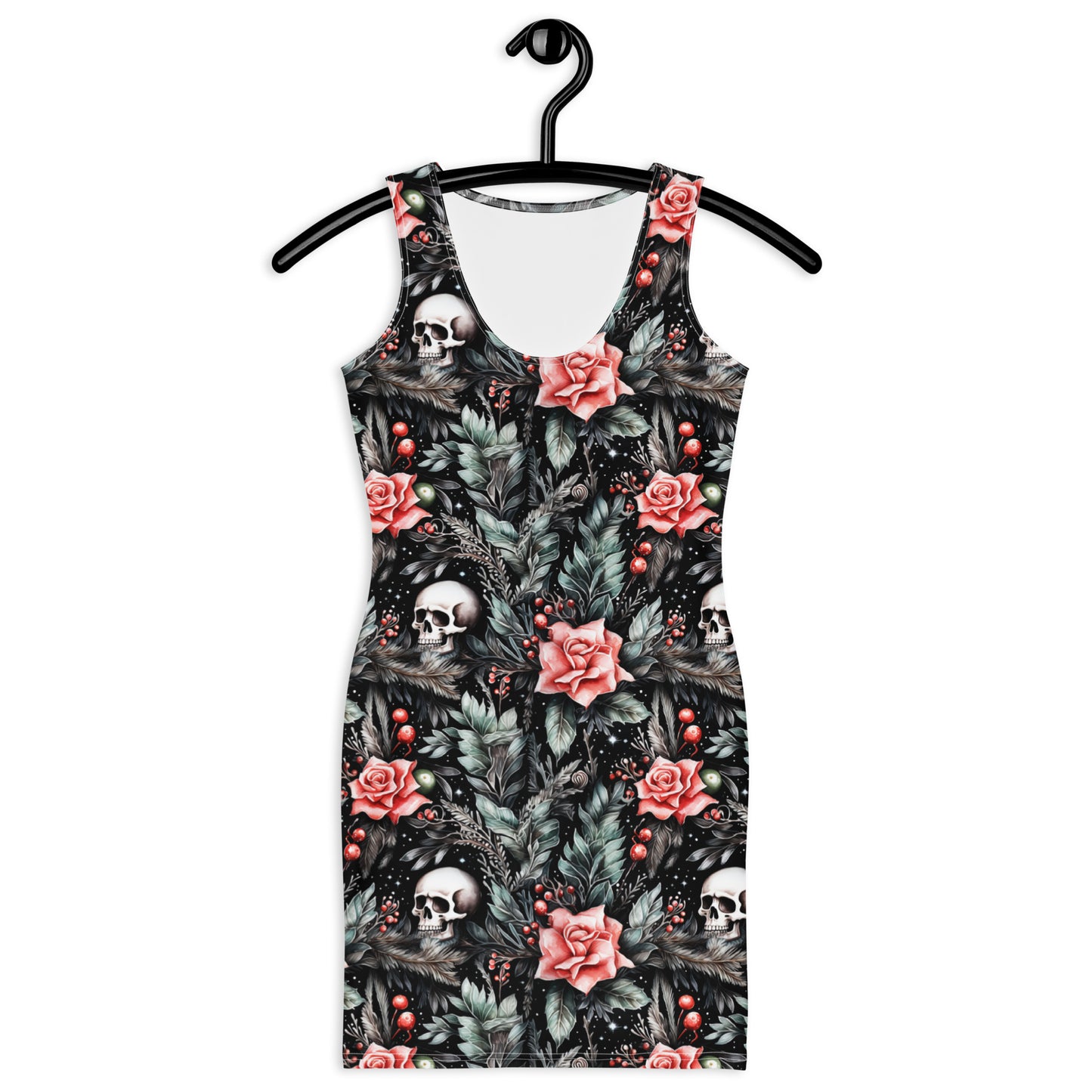 Slim man gothic Christmas bodycon dress with skull and rose print