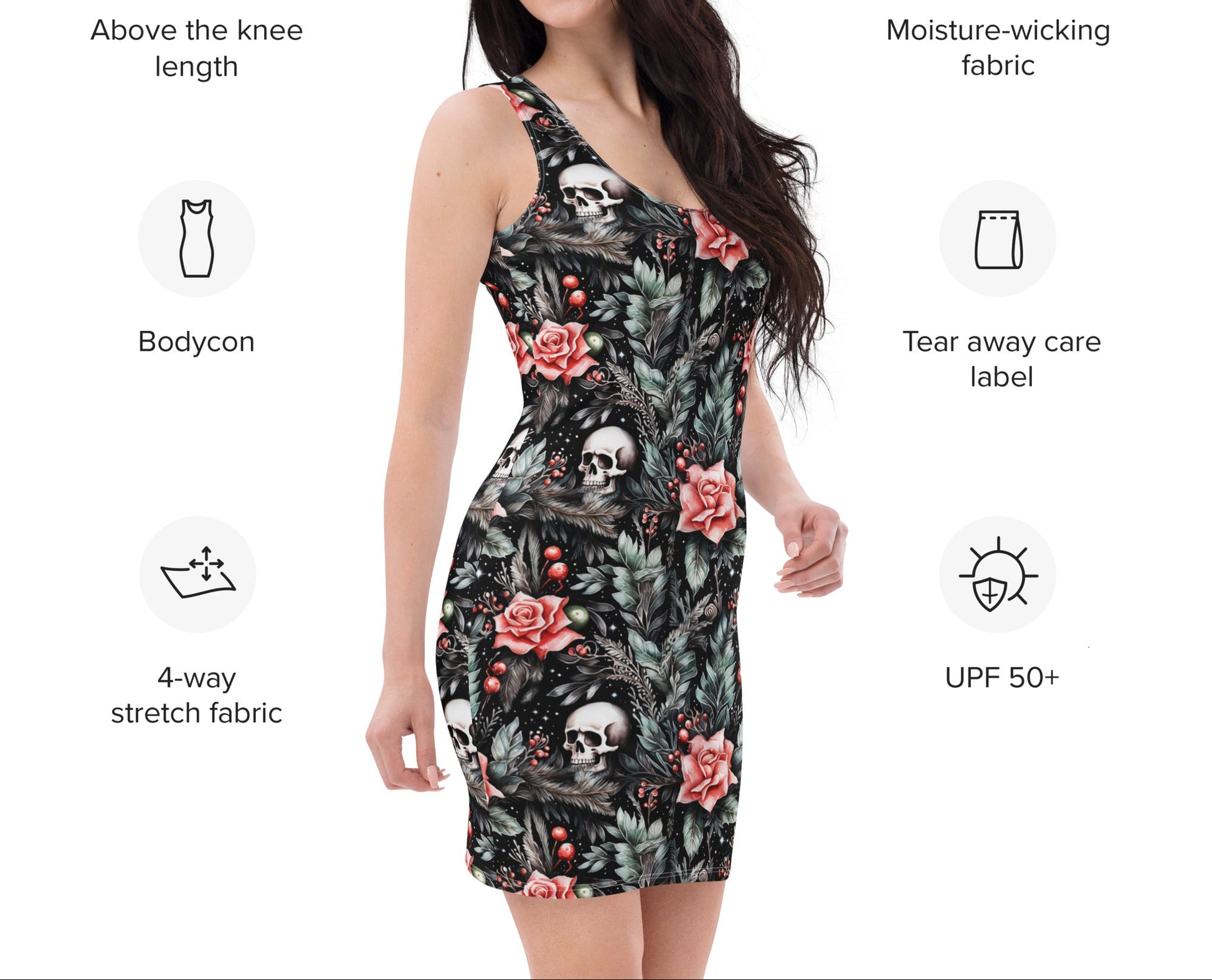 Unisex gothic bodycon dress with floral and skull design, dark festive style