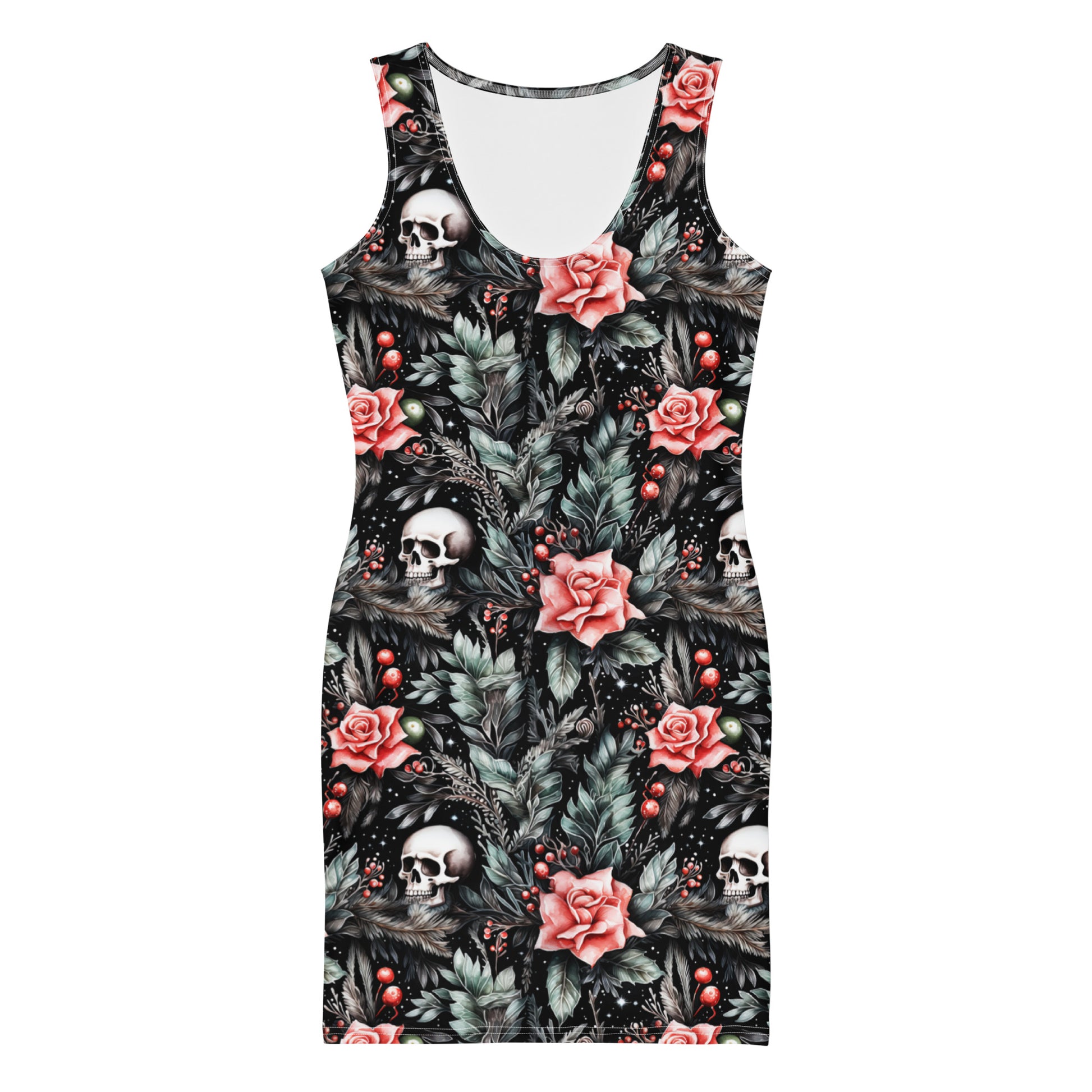 Gothic Christmas dress close-up showing detailed print of red roses and pine leaves