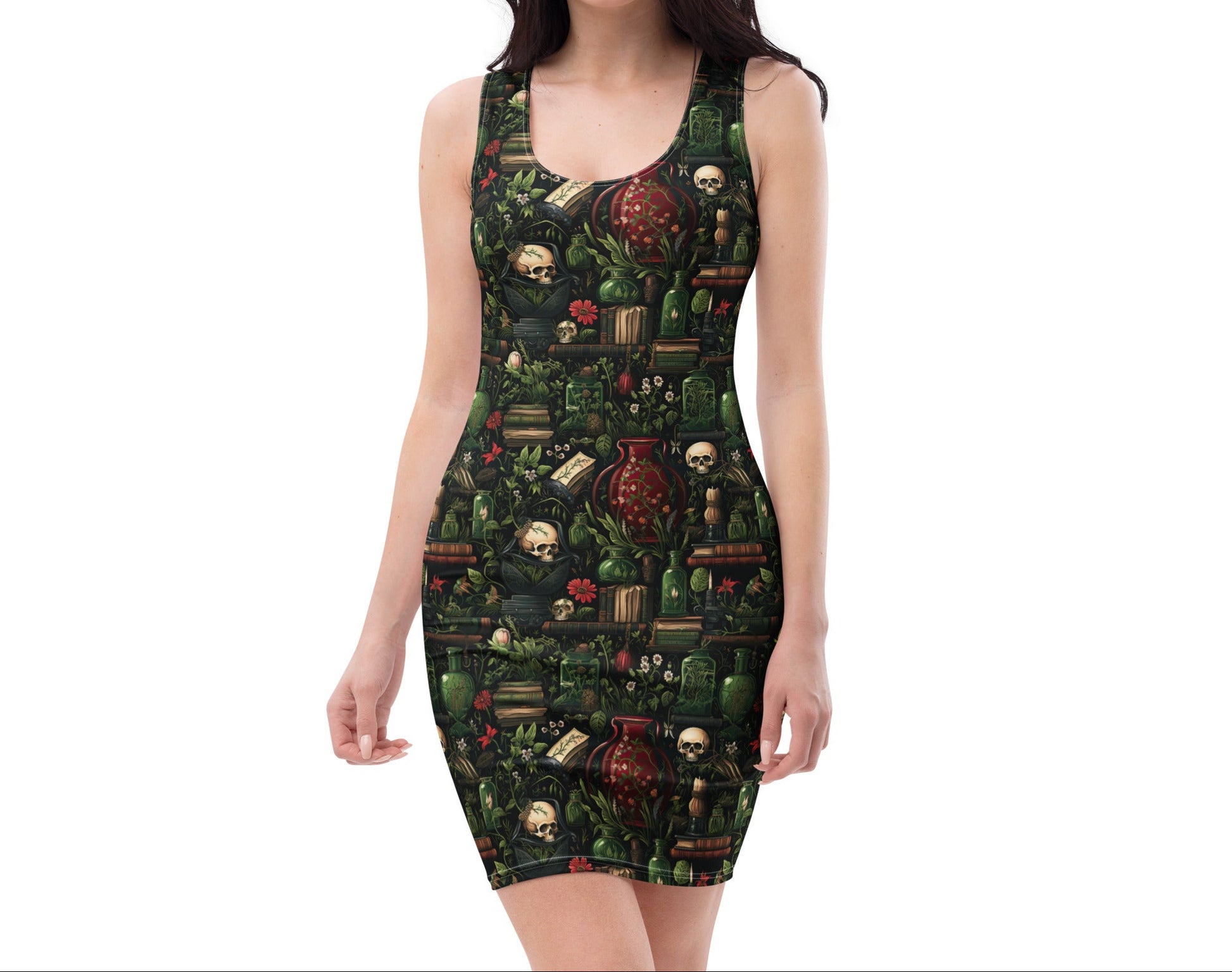 Close-up of skull and potion design on gothic Christmas femboy dress