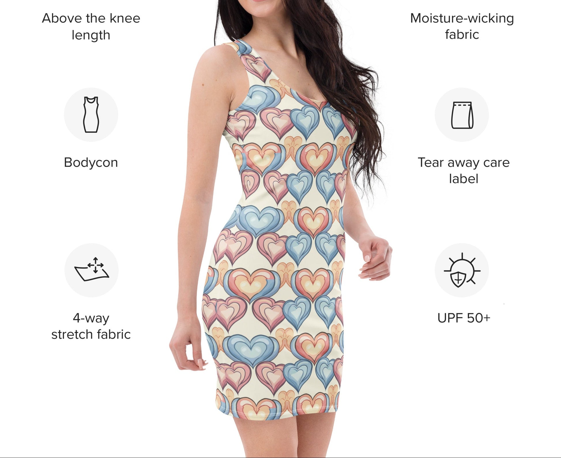 Close-up of soft pastel hearts all-over print on unisex bodycon dress