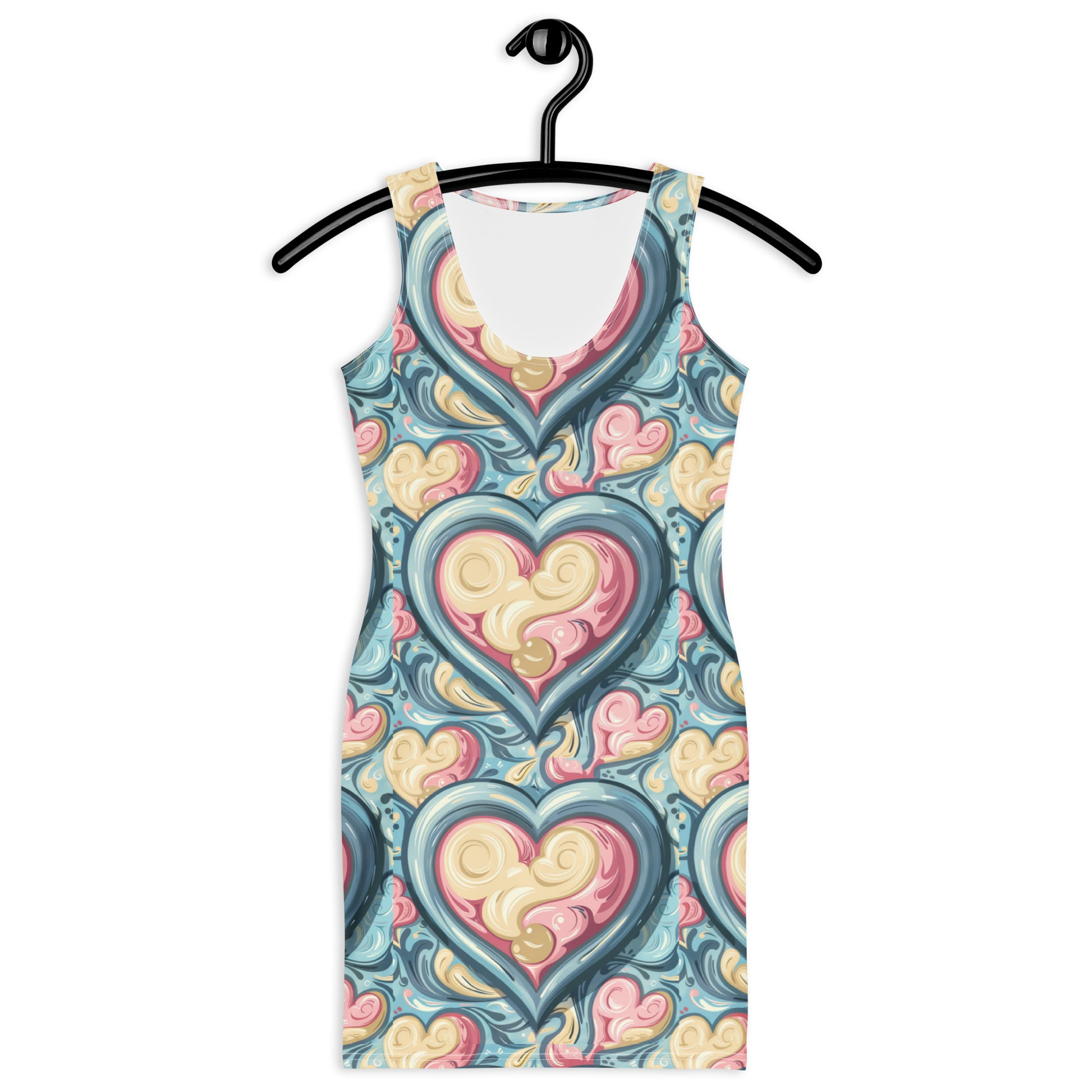 Close-up: soft pastel hearts all-over print on unisex bodycon dress