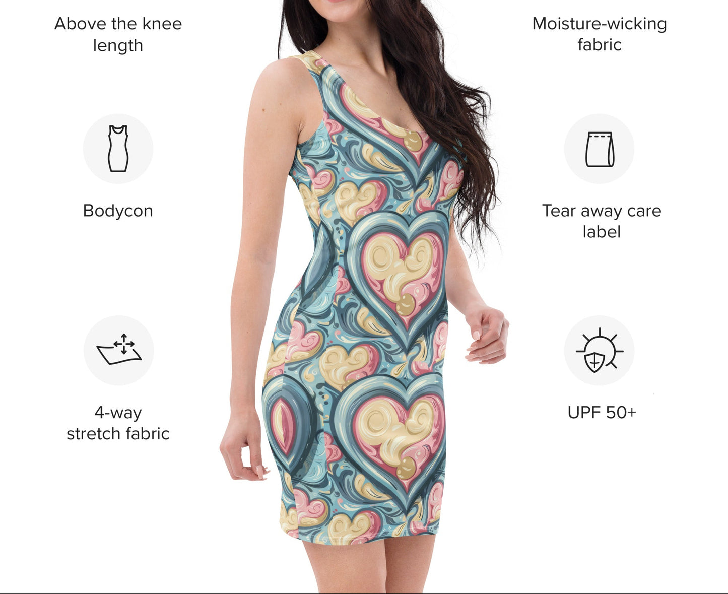 Slim model in inclusive unisex bodycon dress with pastel heart motif, side view