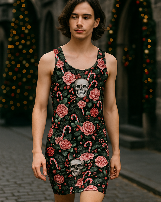 Person wearing a sleeveless dress with floral and candy cane pattern in an outdoor setting