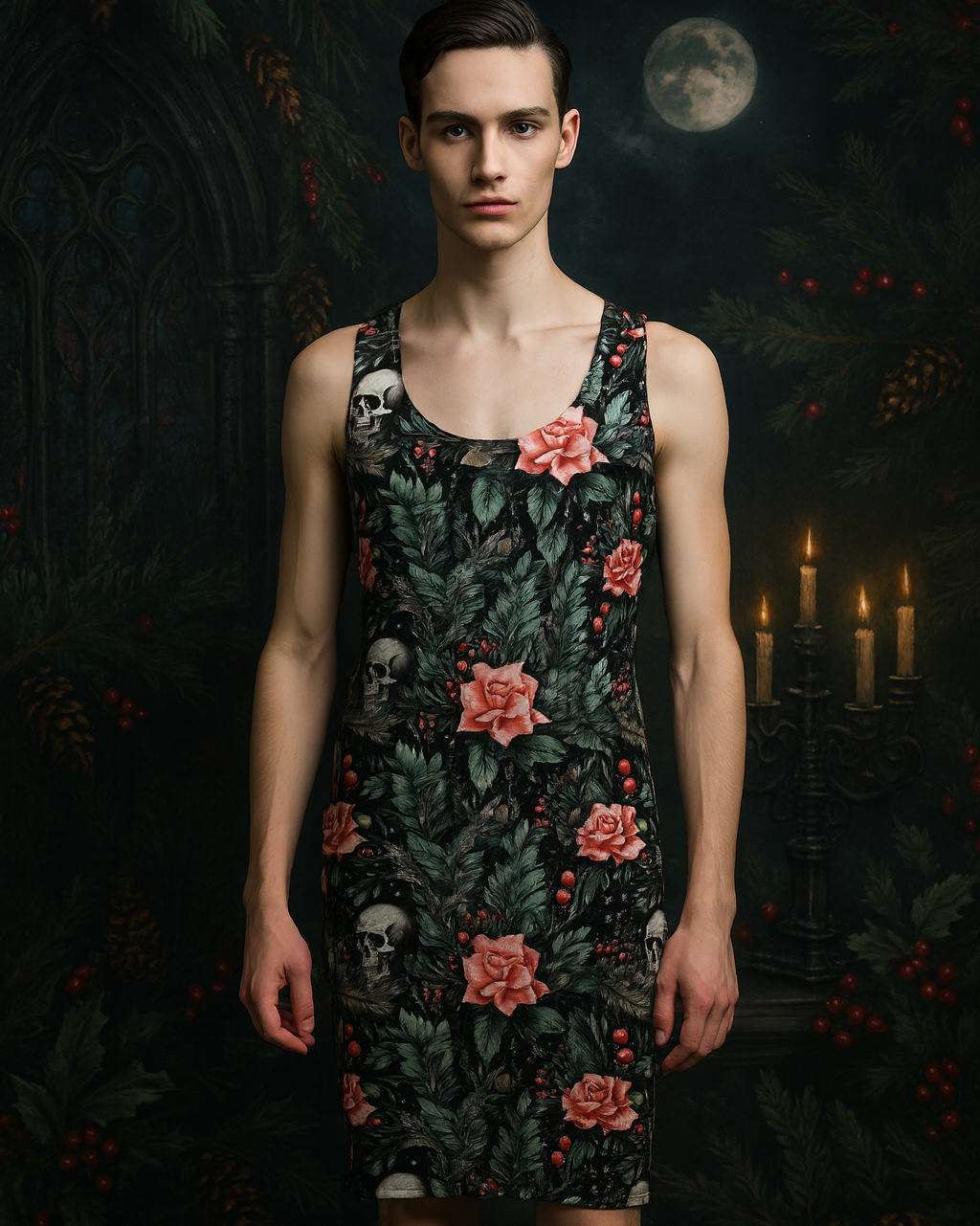 Person wearing a floral dress with skulls and roses in a dark, gothic setting with candles and a moon.